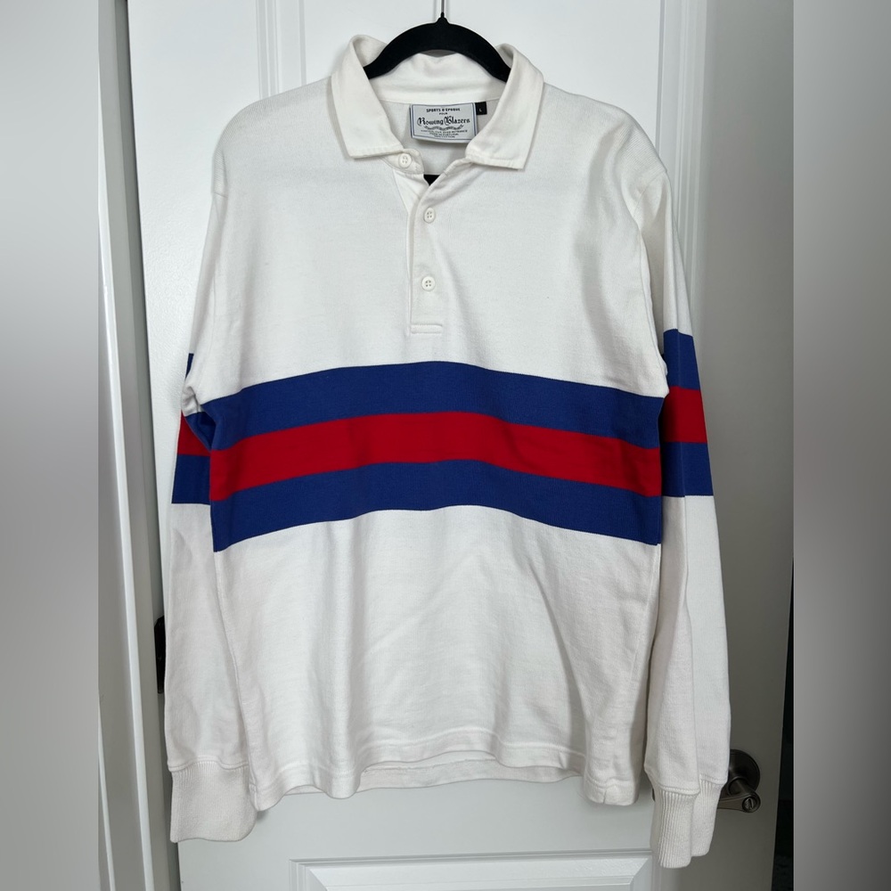 Rowing blazers white rugby shirt with blue and red stripe Size Large